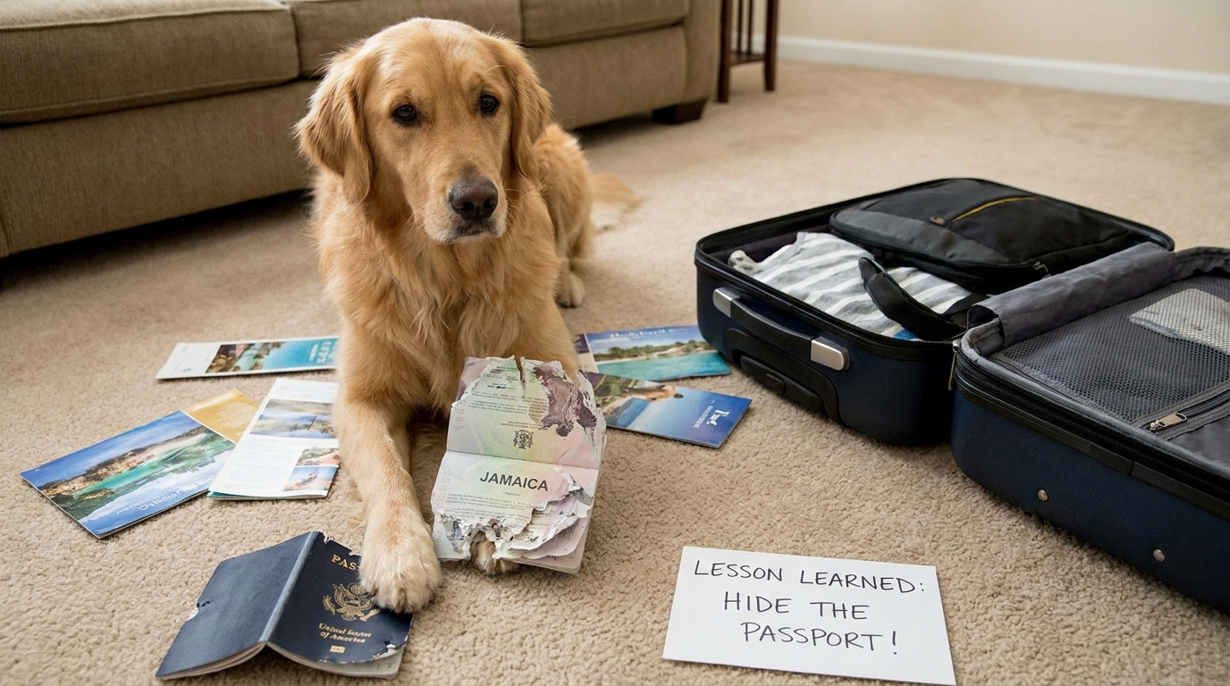 dog chews passport before jamaica vacation